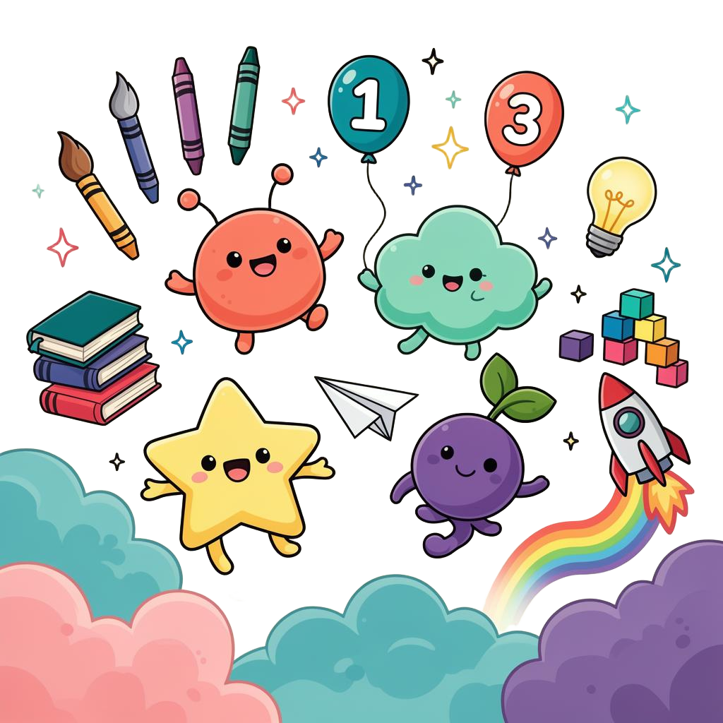 Coral blob, yellow star, mint cloud, and purple sprout mascots playing with crayons, books, number balloons, a paper airplane, and a rainbow rocket